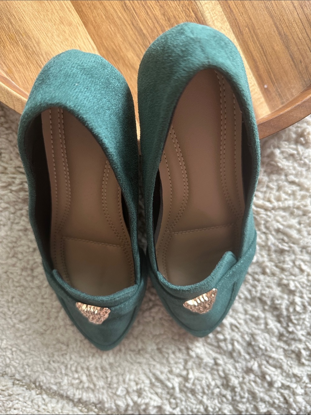 Green Suede Pointed-Toe Flats with Gold Cheetah Accent - Picture 4 of 5
